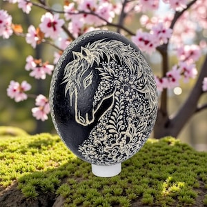 Könnte beinhalten: Ein schwarzes dekoratives Ei mit einem detaillierten weißen Pferdedesign. Das Ei wird auf einem weißen Ständer vor dem Hintergrund von grünem Moos und einem blühenden Baum mit rosa Blüten präsentiert. Das Design des Eis zeigt florale Muster.