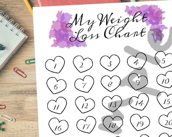 May include: A white weight loss chart with 35 numbered heart-shaped boxes. The chart has the title "My Weight Loss Chart" in script font with a purple watercolor design. The words "Start" and "Goal" are at the bottom.