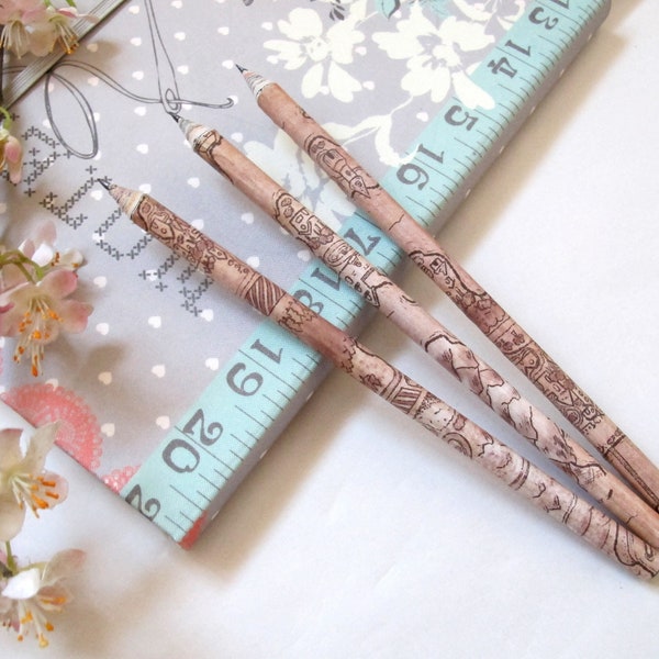 Set of THREE Fantasy Map Themed Pencils