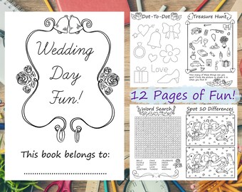 May include: A black and white activity book with the text "Wedding Day Fun!" and "This book belongs to:". The book includes dot-to-dot, word search, and spot the difference games. The cover features bells and roses.