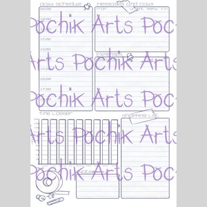 May include: A digital planner page with sections for a daily schedule, messages, expenses, a time logger, a shopping list, and notes. The page is light blue with dark blue lines and text. Includes a push pin, tape, and a paper clip.