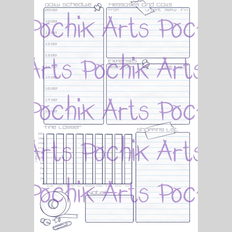 May include: A digital planner page with sections for a daily schedule, messages, expenses, a time logger, a shopping list, and notes. The page is light blue with dark blue lines and text. Includes a push pin, tape, and a paper clip.