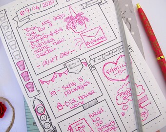 May include: A detailed journal page with black ink and pink accents. The page includes handwritten notes, drawings, and the date 09/04/2020. The text includes phrases like "Quiet Day" and "I'm grateful for FAMILY". A red pen with gold detailing rests on the page.
