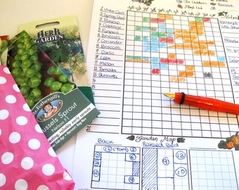 May include: A gardening planning scene with seed packets, a pink polka dot bag, and a handwritten garden plan. The plan includes a planting schedule with colored blocks and a garden map. A red fountain pen rests on the paper.