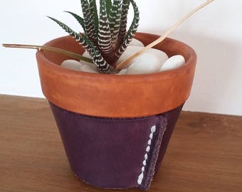 Ceramic and Leather Flower Pot, Succulent Planter, Succulent Pot, Cacti Pot, Leather Decor, Shelf Decor, Patio Decor