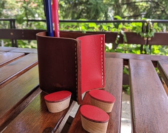 Pen Cup, Pencil Cup, Pen Holder, Pencil Holder, Leather and Wood, Desk Accessory, Office Gift, Desk Decor, Leather Cup, Wooden Magnets