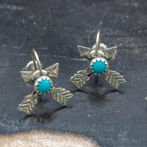 Fred Harvey Era Screw Back Earrings Sterling Silver Turquoise with Stamp Work of Crossed Arrows
