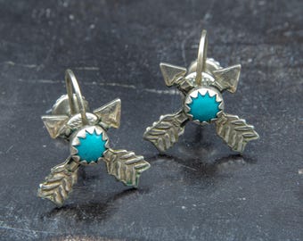 Fred Harvey Era Screw Back Earrings Sterling Silver Turquoise with Stamp Work of Crossed Arrows
