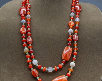 Carnelian, Agate and Jade Mixed Beaded Necklace 28&quot;