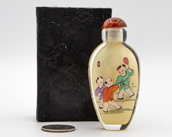 Small Vintage Reverse Hand-painted Glass Chinese Snuff Bottle With Children