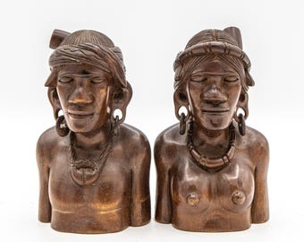 Kleines Paar Vintage Teak Holz Büsten, Made in the Phillipines