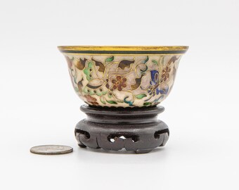 Vintage Robert Kuos Cloisonne Copper Enameled Butterfly Saki Cup with Wood Stand
