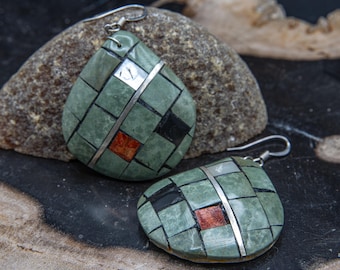 Green Turquoise, Abalone and Red Coral Inlay Shell Drop Earrings With Sterling Silver