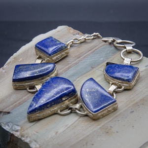 Vintage Sterling Silver Lapis Lazuli Large Link Bracelet