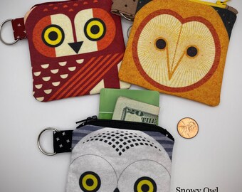 Choose One: Owl Coin Purse Pygmy Owl, Barn Owl, Snowy Owl 3.25"