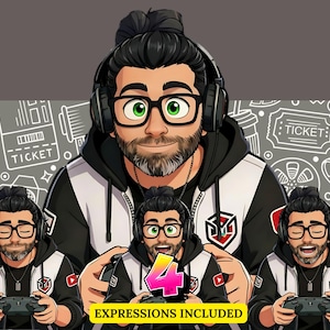 May include: Digital illustration of a man with glasses, a beard, and headphones, in a black and white hoodie. The image includes four different expressions, with the text "4 EXPRESSIONS INCLUDED" in a yellow banner.