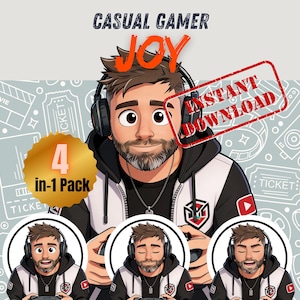 May include: Digital graphic download featuring a cartoon man with headphones and a gaming controller. The text "CASUAL GAMER JOY" and "INSTANT DOWNLOAD" are visible. A gold circle reads "4 in-1 Pack". The background has movie and ticket icons.