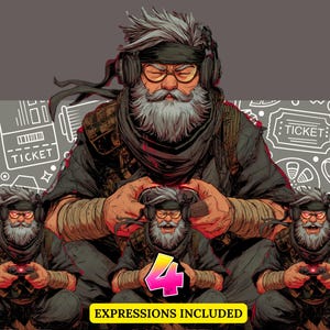 May include: An illustration of a bearded man with glasses and headphones, holding a game controller. The image features three smaller versions of the man, each with a controller. Text reads "4 EXPRESSIONS INCLUDED".