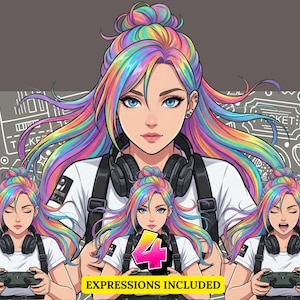 Op de afbeelding: Illustratie van een vrouw met regenbooghaar en blauwe ogen, gekleed in een wit shirt en een koptelefoon. De afbeelding bevat vier verschillende uitdrukkingen, die een gamecontroller vasthouden. De tekst op de afbeelding luidt "4 EXPRESSIONS INCLUDED".