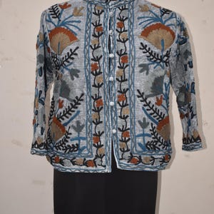 Grey Embroidered Floral Jacket: TNT Fabric Short Coat
