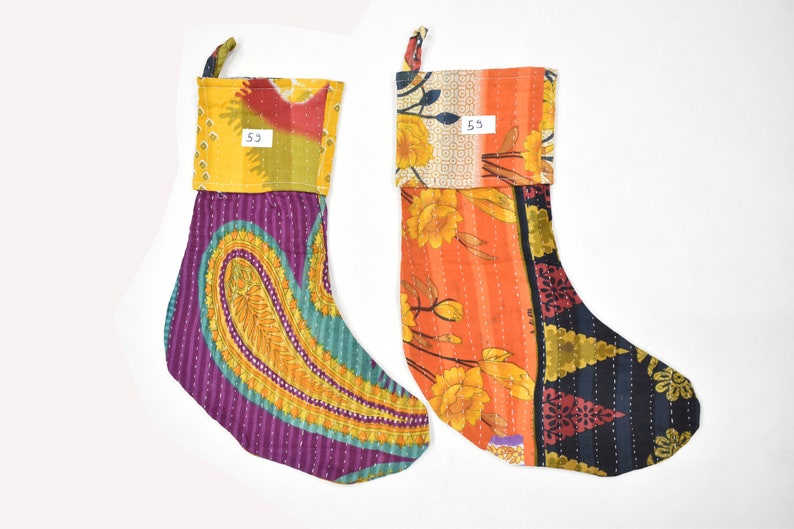 Vintage Kantha Christmas Stockings Modern Bohemian Christmas Decor Indian Kantha Quilt Stockings Handmade Stockings Two Pcs Set Gift Items