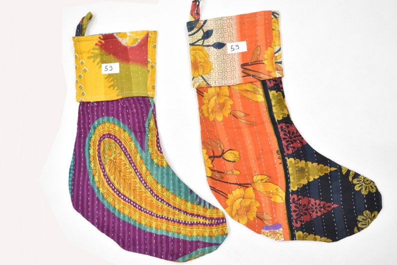 Vintage Kantha Christmas Stockings Modern Bohemian Christmas Decor Indian Kantha Quilt Stockings Handmade Stockings Two Pcs Set Gift Items