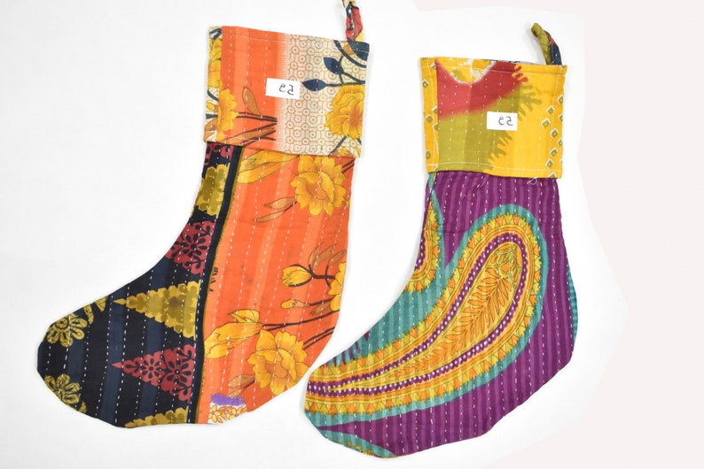 Vintage Kantha Christmas Stockings Modern Bohemian Christmas Decor Indian Kantha Quilt Stockings Handmade Stockings Two Pcs Set Gift Items