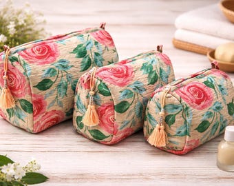 Quilted Cotton Floral Toiletry Pouch Set – Travel Makeup Bags – Printed Cosmetic Organizer – Zippered Vanity Case – Gift for Her