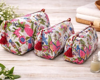 Floral Quilted Cotton Toiletry Bags Set of 3 – Travel Organizer Pouch Set – Makeup Cosmetic Zipper Bags – Printed Vanity Case – Gift for Her