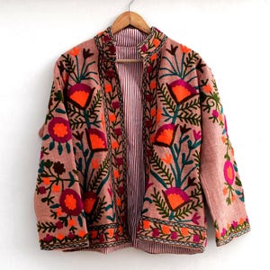 Embroidered Suzani TNT Cotton Jacket: Bohemian Short Bomber Coat