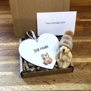 Sending Big Hugs Gift Box - 10cm Wooden Heart Optional Pocket Bear Hug, Get Well Soon, Thinking of You, Sending Love, Positive Mental Health