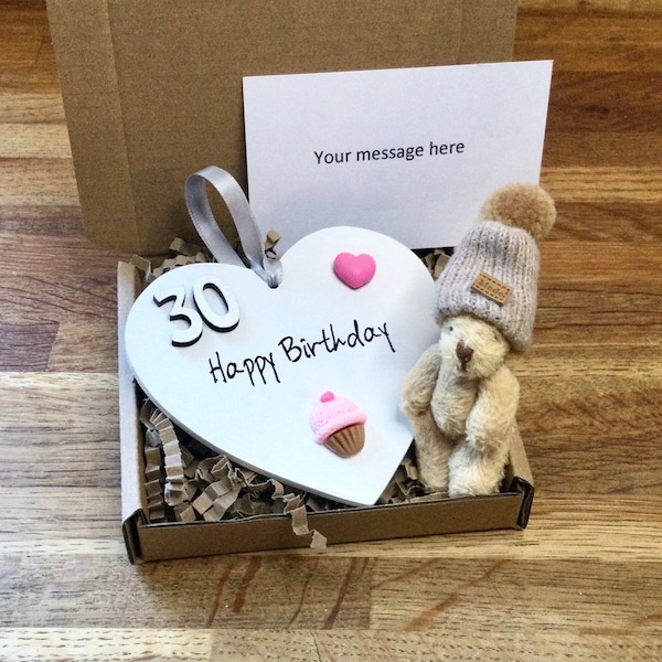 30th 40th 50th 20th Birthday Gifts For Women -3D 10cm Wooden Heart, Pocket Teddy Hugs - Fun Cupcake Present, Personalised Letterbox Gift Her