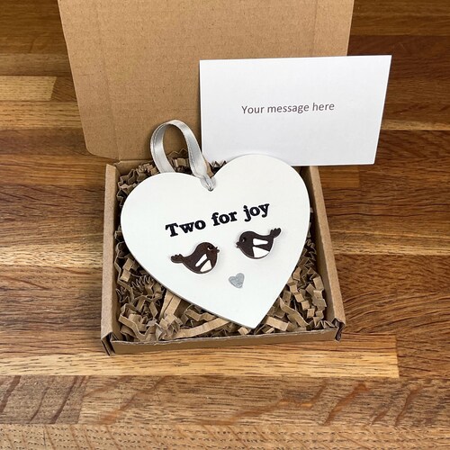 Handmade Magpie Ornament: Good Luck Gift Two For Joy Wooden Heart