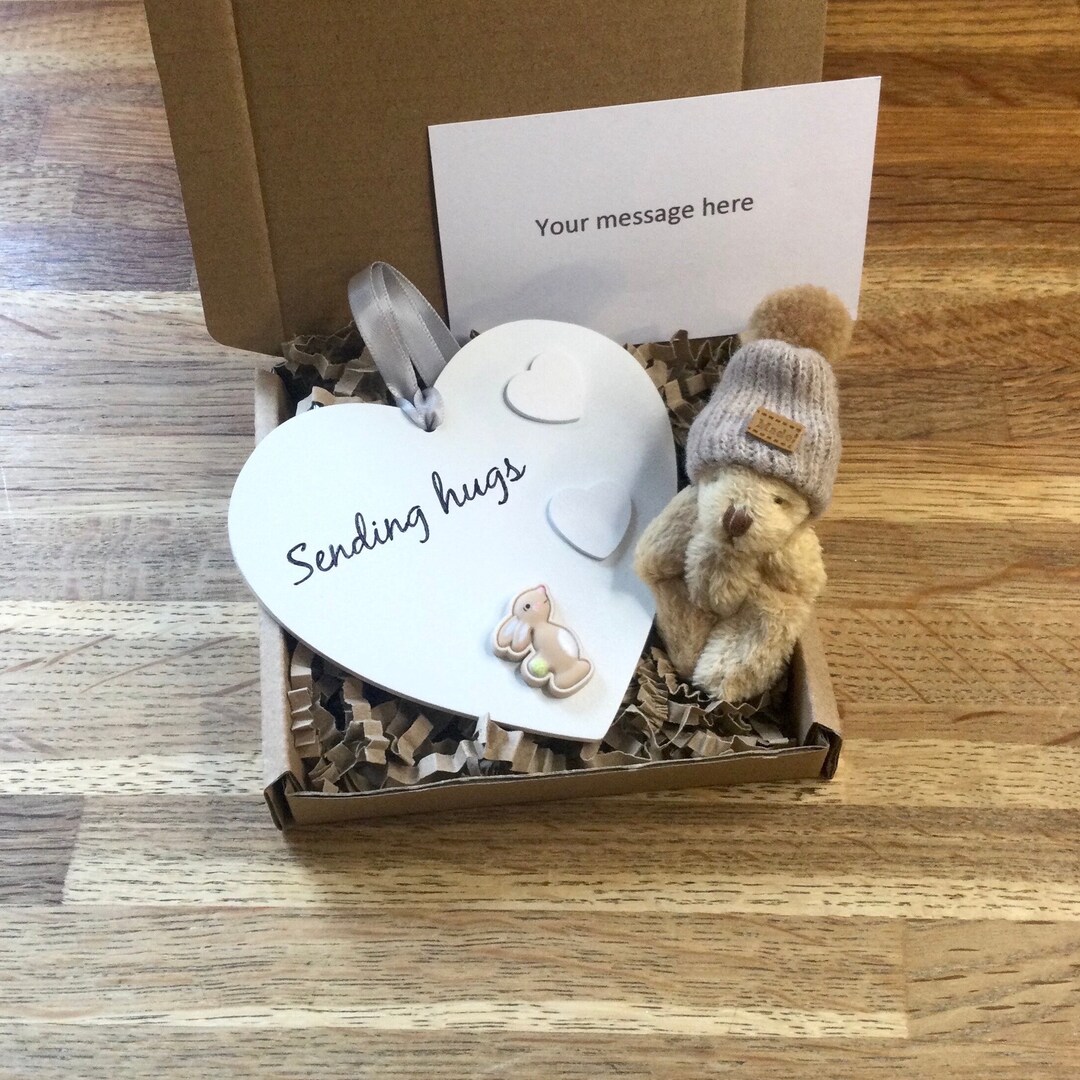 Sending Hugs Gift Box: Wooden Heart & Pocket Teddy Bear - Etsy UK