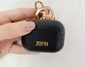 Monogram Hot Stamp - Airpods Pro Max Leather Case - Gold Keychain - Black - Grain Leather - Apple airpod air pods pod - Valerie Constance