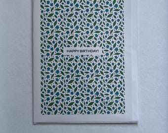 Happy Birthday Green and Blue Floral Pattern (5X7) with pink hearts greeting card
