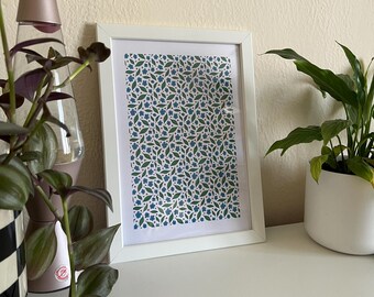 Green and Blue Floral Pattern print (A4) with hearts