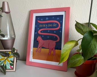 You're a Cool Cat print (A4 / 5X7 greeting card) Night scene, Blue, Yellow & Pink, Profile