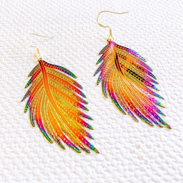 Boucles d'oreilles plumes, Boucles d'oreilles plumes holographiques, Boucles d'oreilles festival, Boucles d'oreilles tendance faites main, Boucles d'oreilles colorées, Boucles d'oreilles paon, 925