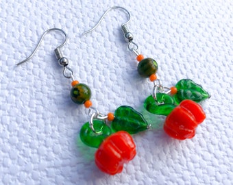 Handmade Pumpkin Earrings, Glass Pumpkin Earrings, Halloween Earrings, Autumn Earrings, Thanksgiving Earrings, Sterling Silver Earrings