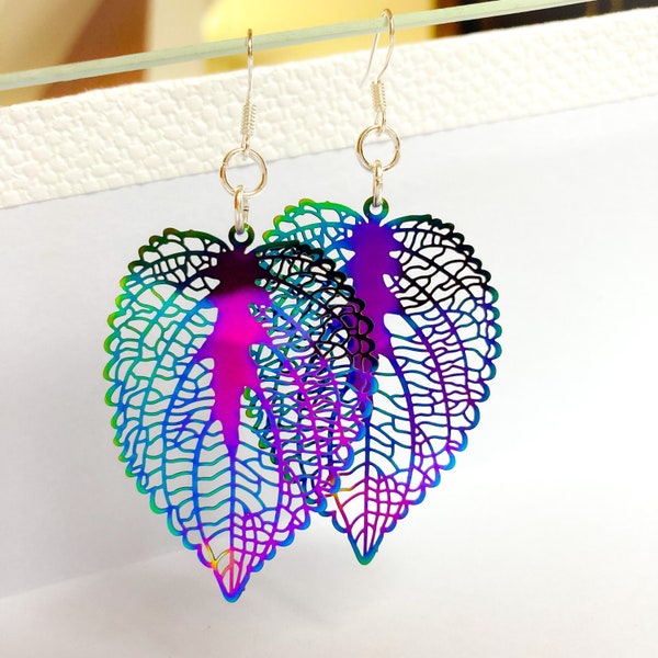 Leaf Skeleton Earrings, Holographic Earrings, Leaf Earrings, Filigree Leaf Earrings, Vibrant Handmade Earrings, Sterling Silver Earrings