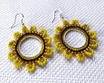 Sunflower Earrings, ABBA Earrings, Sterling Silver Earrings, Flower Earrings, Fun Earrings, Yellow Hoop Earrings, Statement Boho Earrings