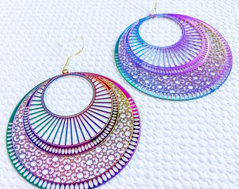 Alhambra Earrings, Colourful Statement Earrings, Holographic Filigree Earrings, Disco Hoops, Rainbow Earrings, Laser Cut Tile Earrings