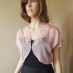 Pink silk chiffon bolero shrug, Wedding bolero, bridal bolero shrug, Vintage cover up, Evening coverup, Prom shrug, Bridesmaid shrug Size 14