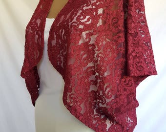 Maroon lace bolero 5XL with draping cropped open front shrug batwing sleeves lace  stole wedding cover-up dark red lace jacket size 24 - 34