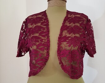 Purple / Maroon lace bolero, Vintage style stole, Open front shrug, Evening party cropped shrug, Size 16-18