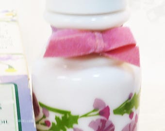 Avon Lilac Fragrance Foaming Bath Oil thick gel-dilute with water 80% full milk glass painted condiment bottle when emptied! holds 3 fl. oz.