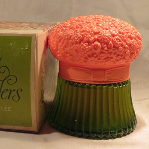 Avon Field Flowers Cologne Gelee green ribbed glass 3-3/4&quot; tall Refillable Trinket holder Full size 3 oz. In Collectible Book! 1971-1972