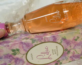 Avon Lilac Tall After Bath Freshener 8-1/4" tall embossed floral bottle w/Ball hot pink cap Mint condition Body splash Refreshes-Cools skin