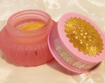 Avon Elusive Cream Sachet Jar Pink frosted jar holds .66 oz. Sachet is not dried out!-Please view 2nd photo Beautiful gold tone embossed top
